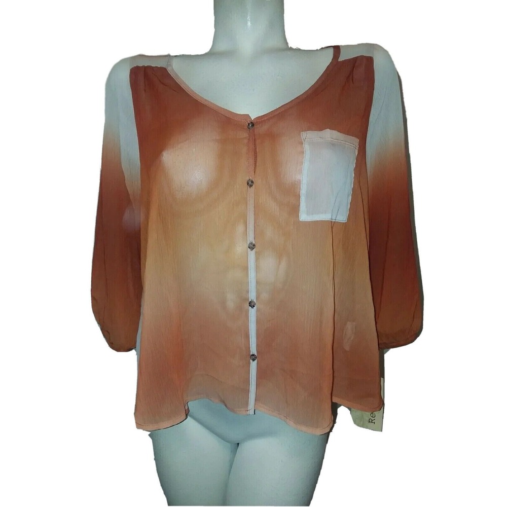 New Rewind Top Womens Rust Orange Ombre Sheer Button Up Blouse 3/4 Sleeve Medium